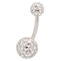 Bauchnabelpiercing mit klaren Kristallen, 6 mm Silbernes Bauchnabelpiercing mit klaren Kristallen auf weißem Hintergrund