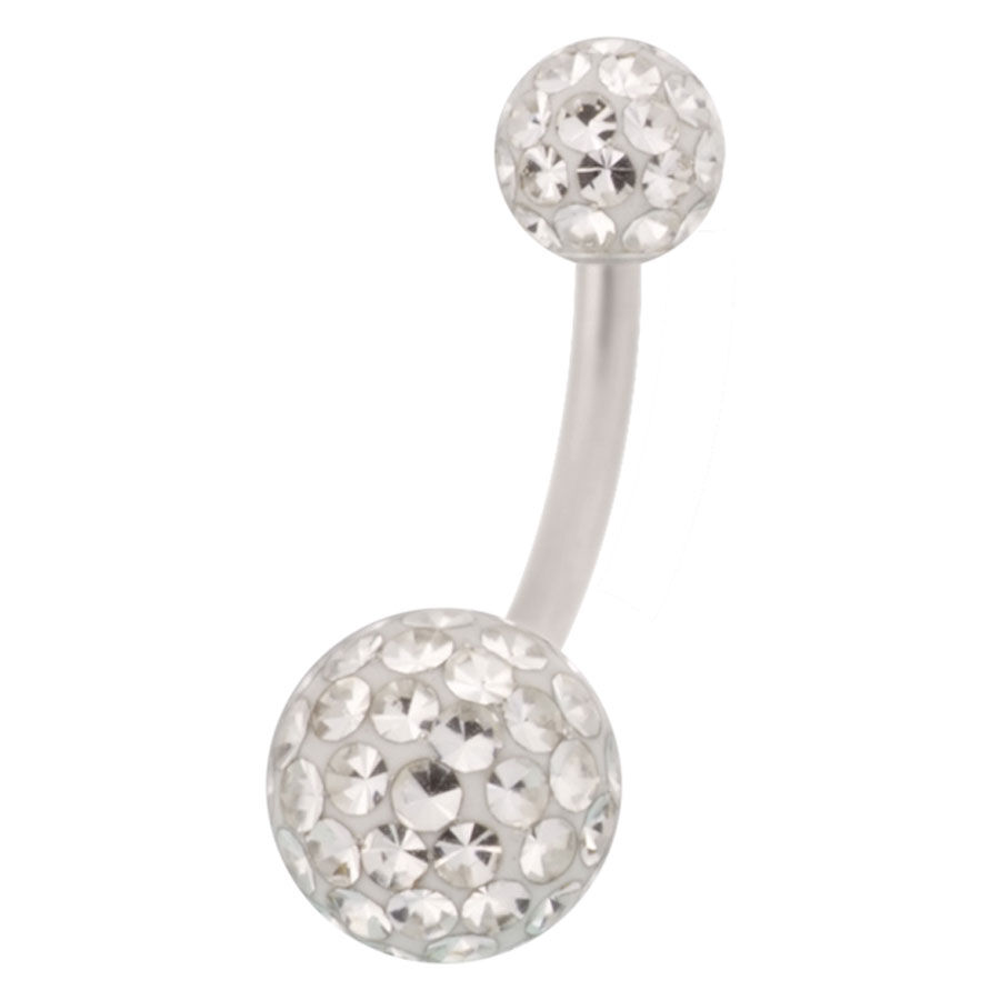 Bauchnabelpiercing mit klaren Kristallen, 6 mm Silbernes Bauchnabelpiercing mit klaren Kristallen auf weißem Hintergrund