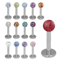 Silberner Titan Labret mit Kristallen Silberner Labret aus Titan mit verschiedenen Kristallfarben auf Weiß