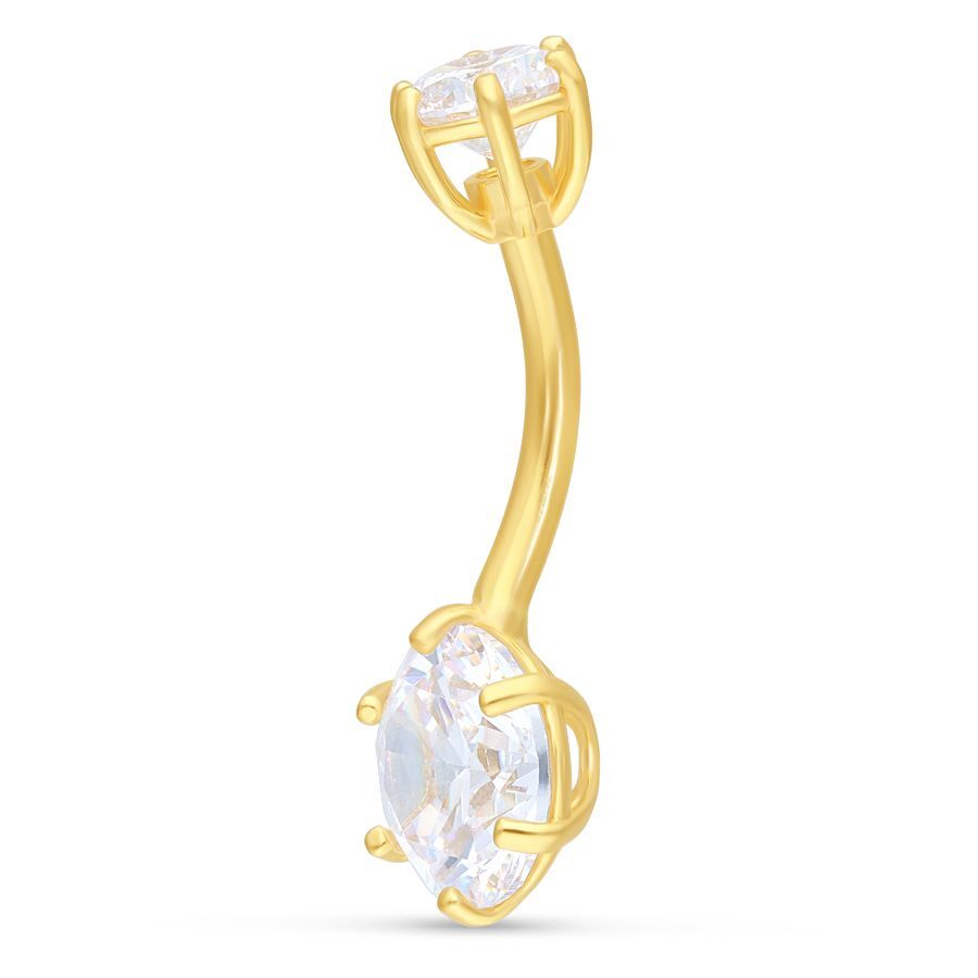 18K Gold Bananabell mit Doppel-Kristallen Goldenes 18K Bananabell mit zwei klaren Kristallen auf weißem Hintergrund