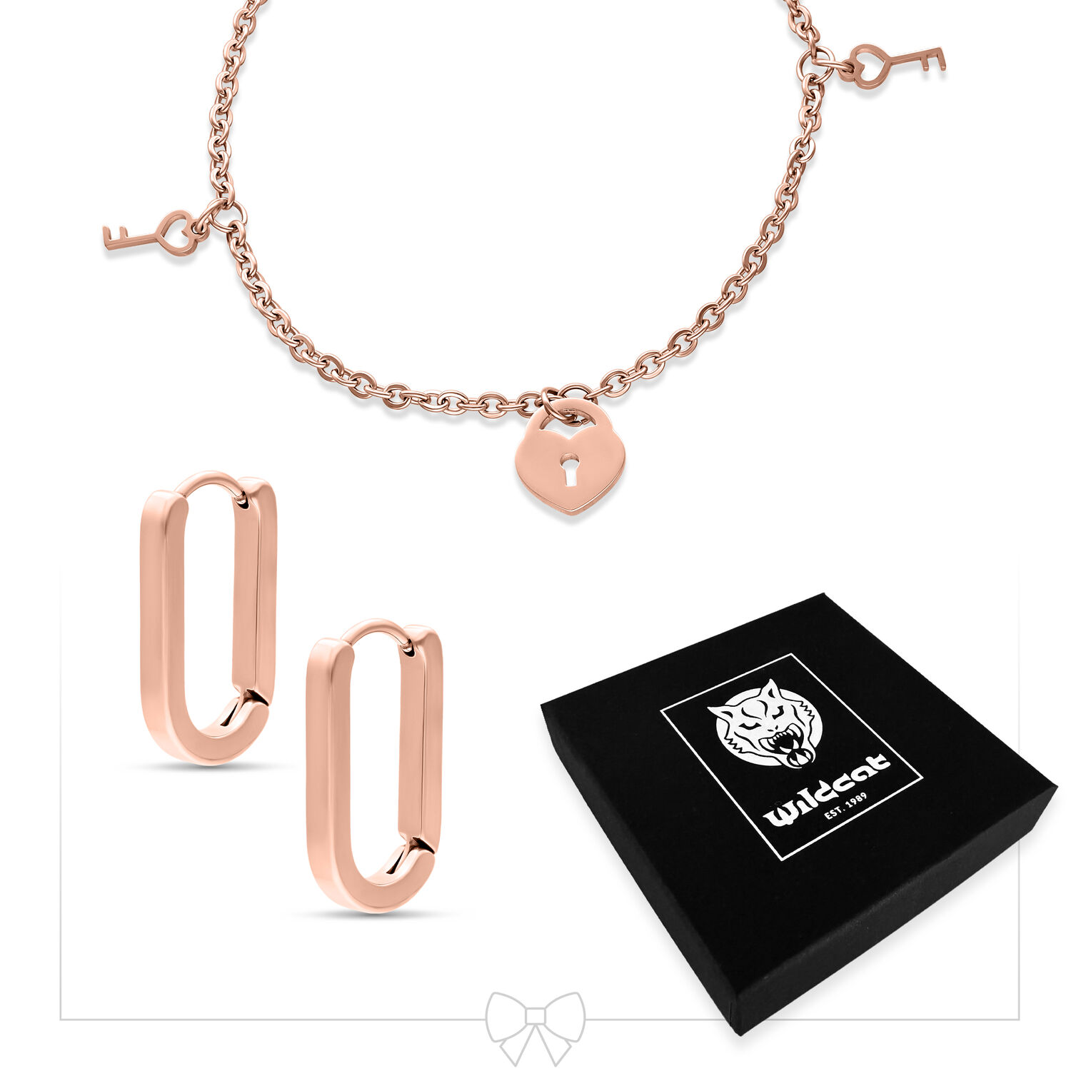 Roségoldenes Armband mit kleinem Schloss und passenden Creolen auf weißem Hintergrund
