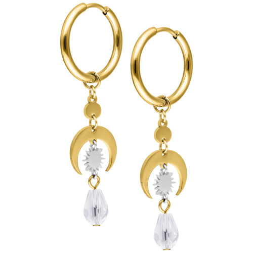 Goldene Creolen mit Kristallanhänger und Halbmond-Design auf weißem Hintergrund
