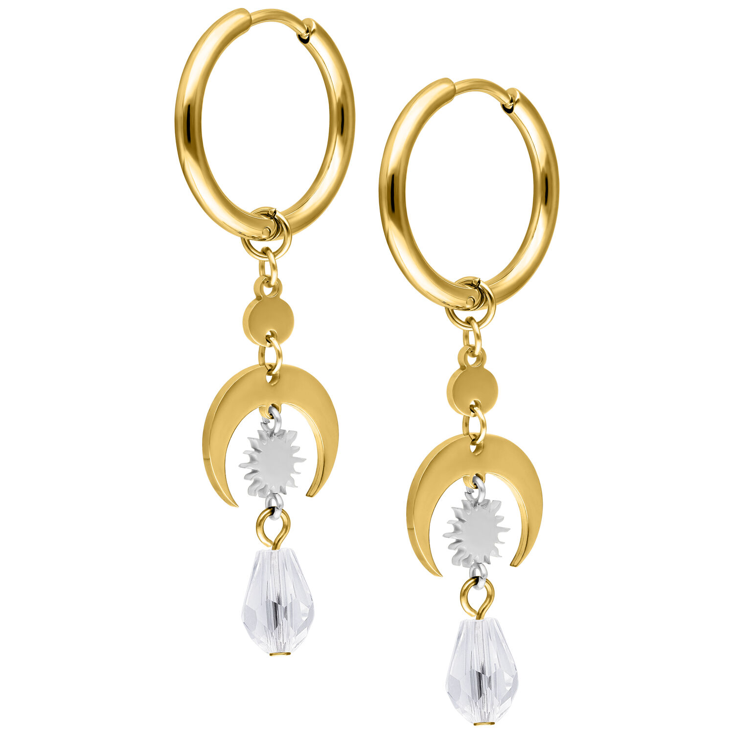 Goldene Creolen mit Kristallanhänger und Halbmond-Design auf weißem Hintergrund