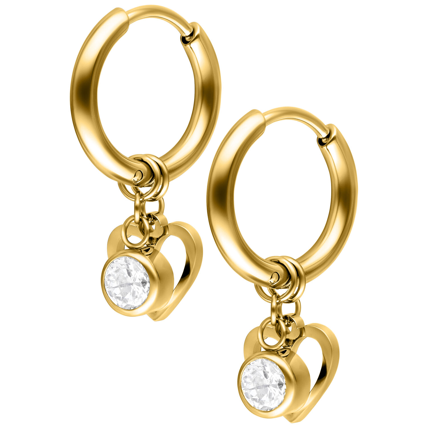 Zwei goldene Creolen mit Herzanhänger und klarem Kristall auf weißem Hintergrund