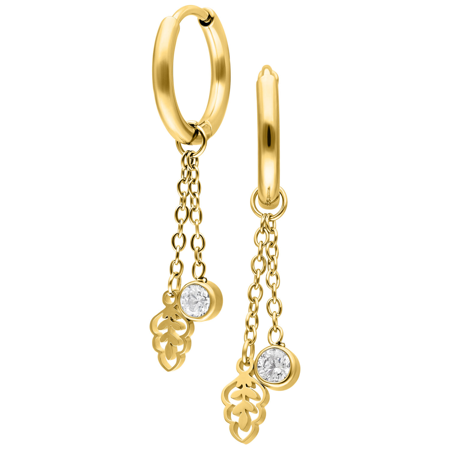 Mini Crystal Leaf Hoops Pair - Golden Metal