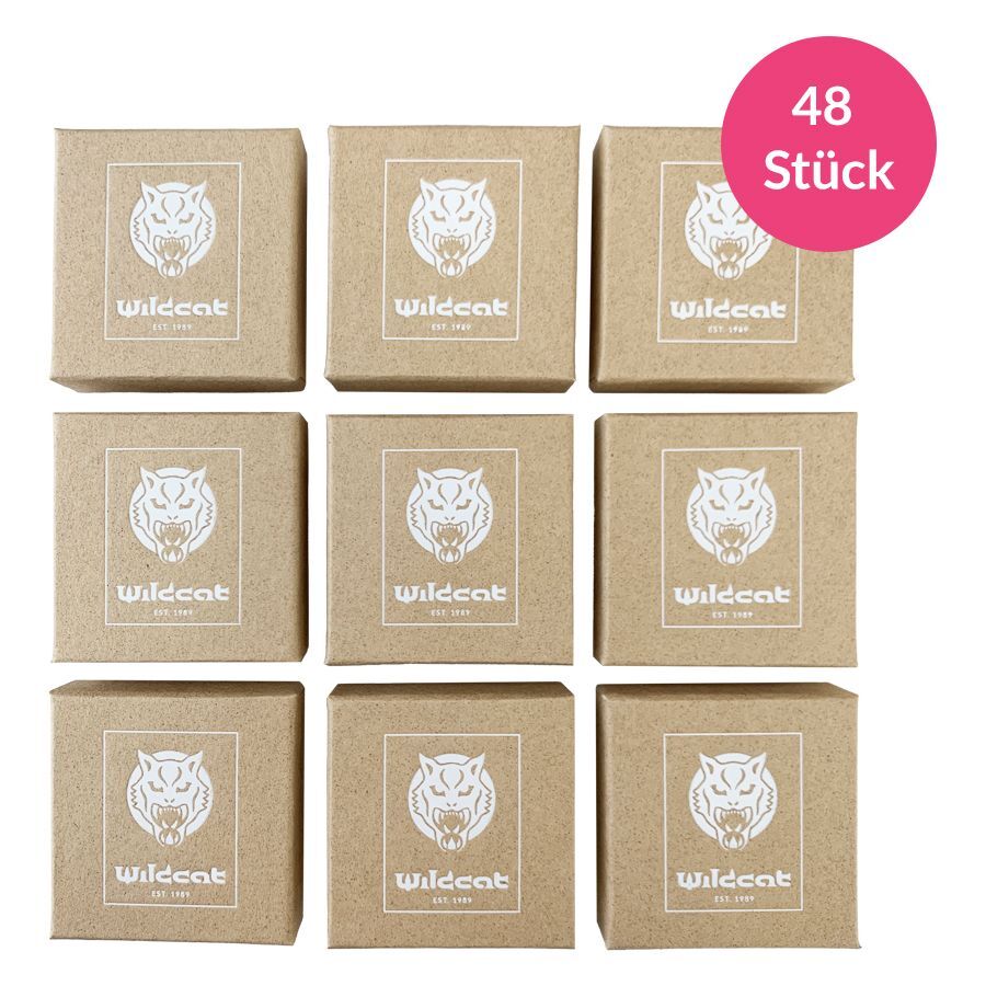 Wildcat Logo Schmuckbox Set, 48 Stück Neun braune Schmuckboxen mit Wildcat-Logo in 3x3 Anordnung auf weißem Hintergrund