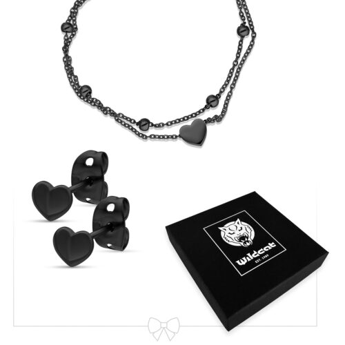 Little Heart Bracelet Double Row with Earstuds Set - Black Metal