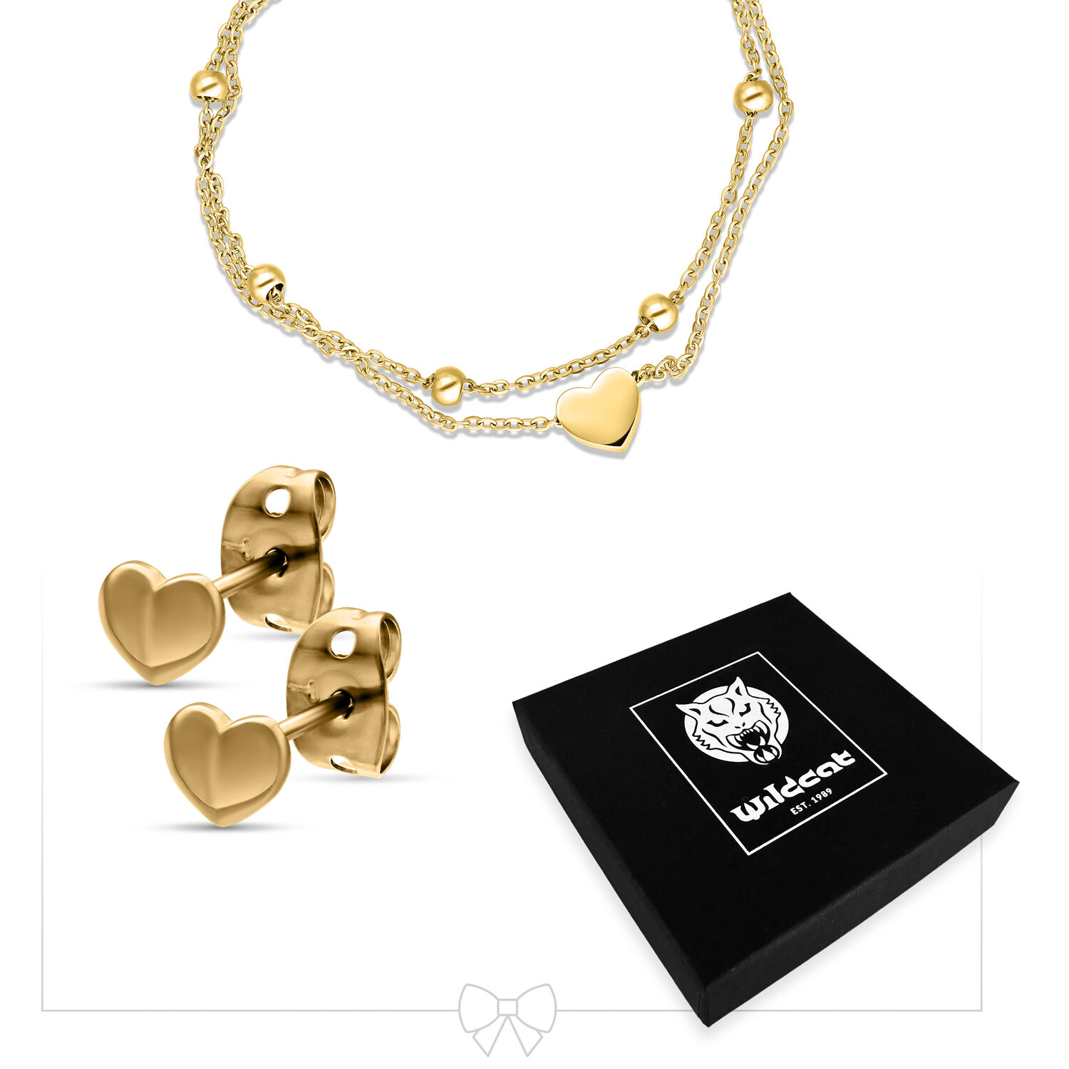 Little Heart Bracelet Double Row with Earstuds Set - Golden Metal