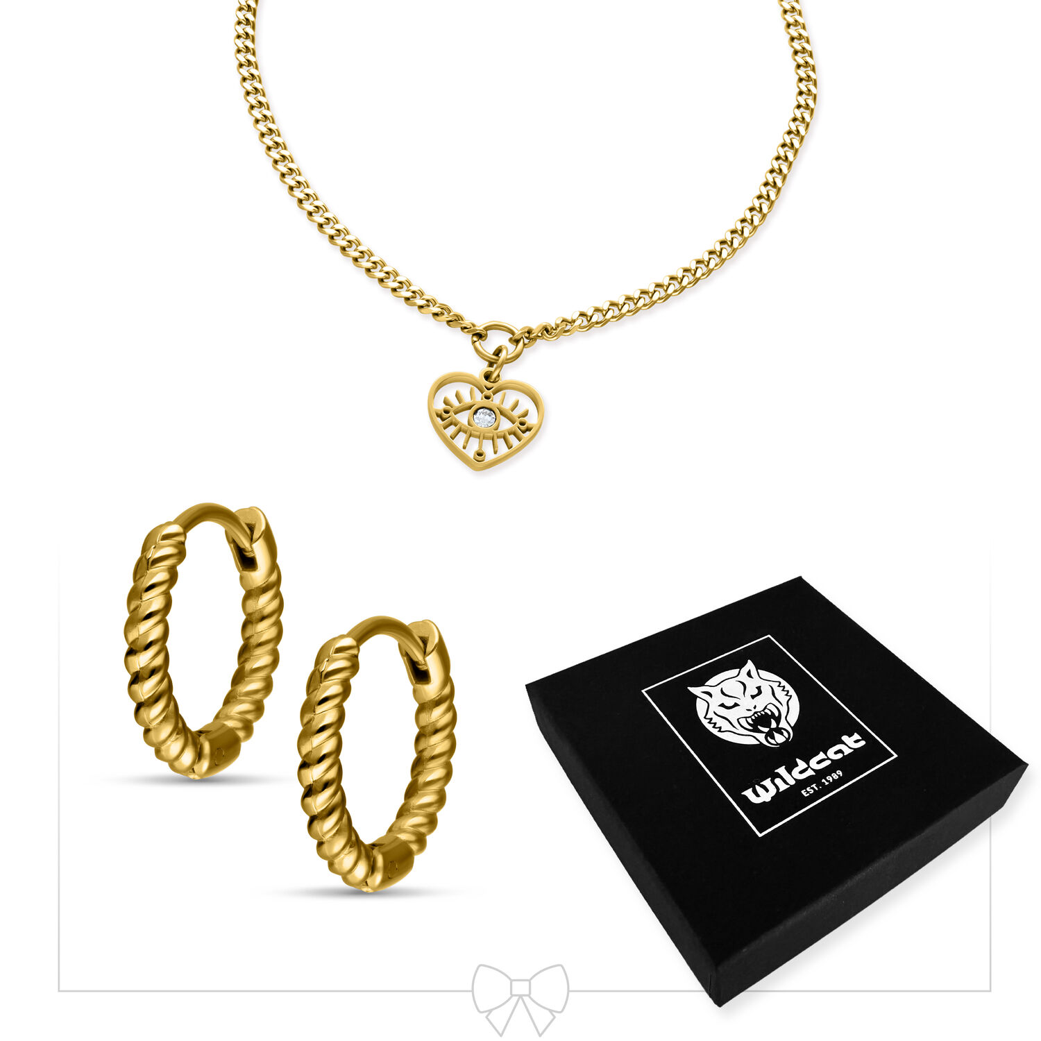 Little Heart Eye Bracelet with Hoops Set - Golden Metal
