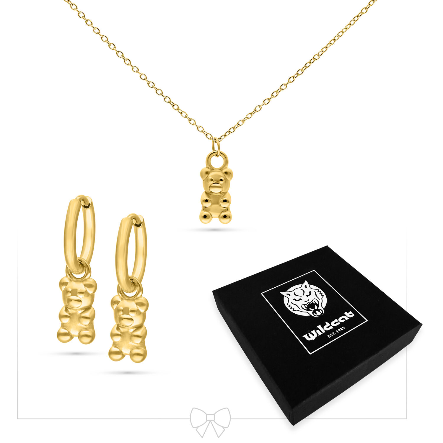 Little Gummi Bear Necklace with Hoops Set - Golden Metal