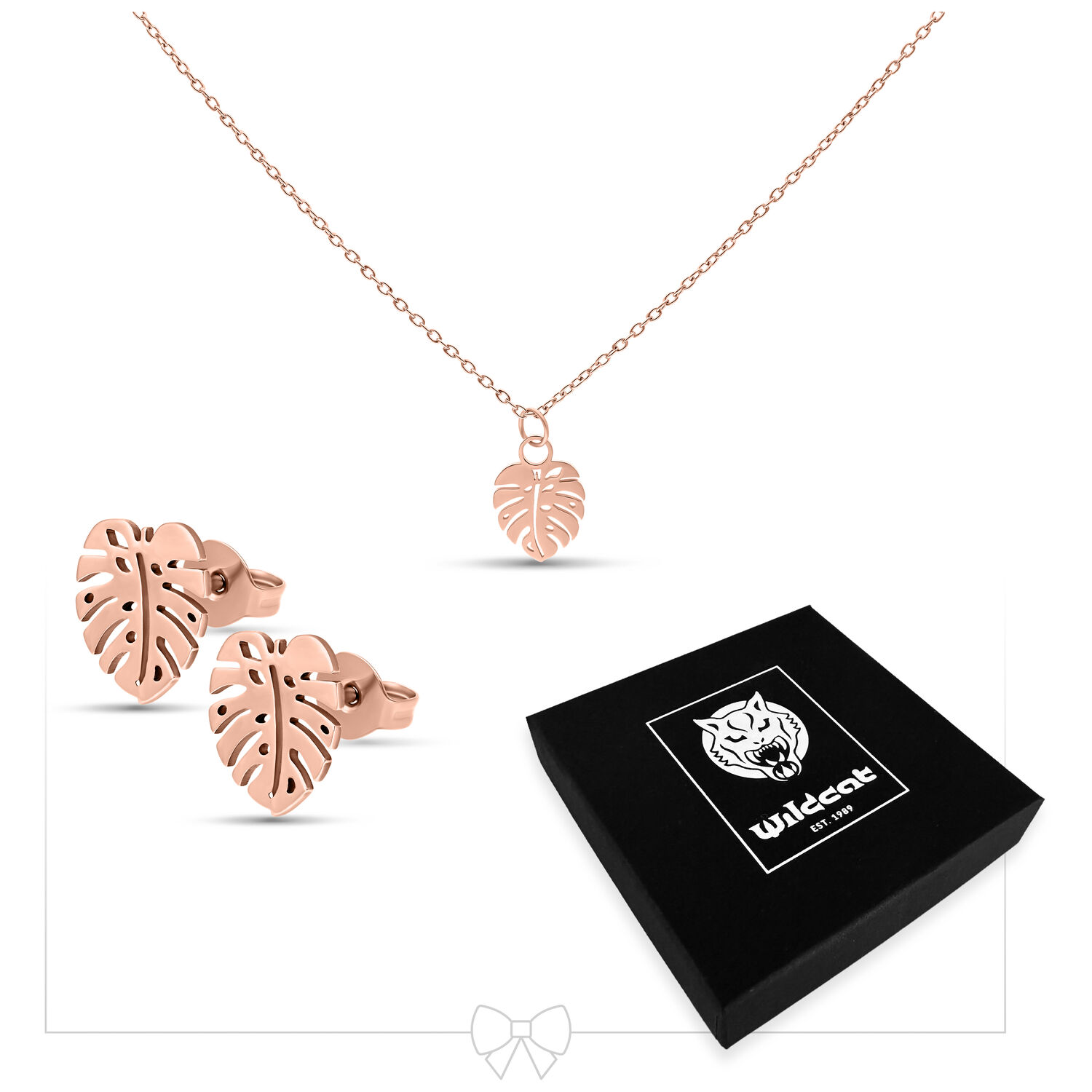Monstera Leaf Necklace with Earstuds Set - Rosegold