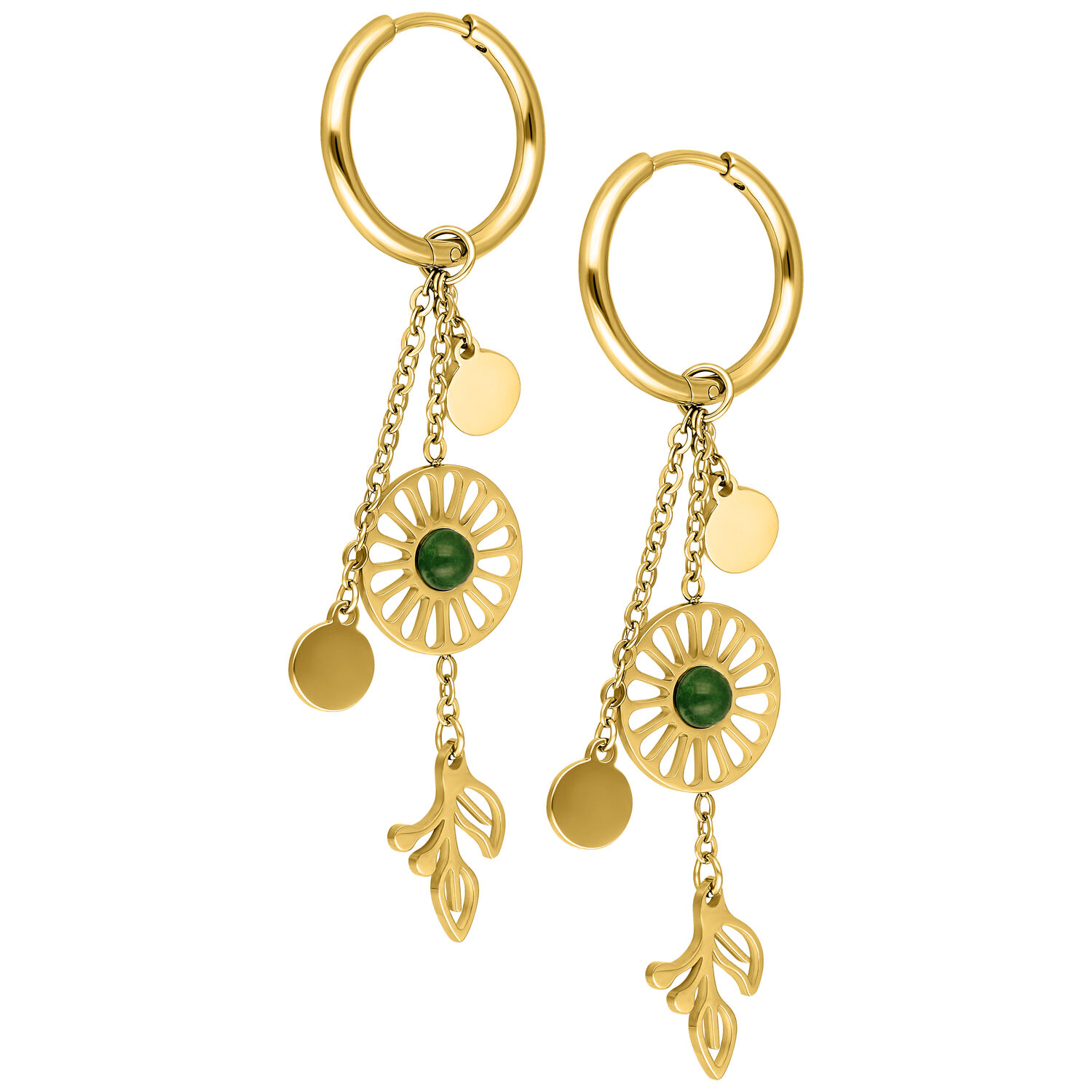 Moss Agate Hoops Pair - Golden Metal