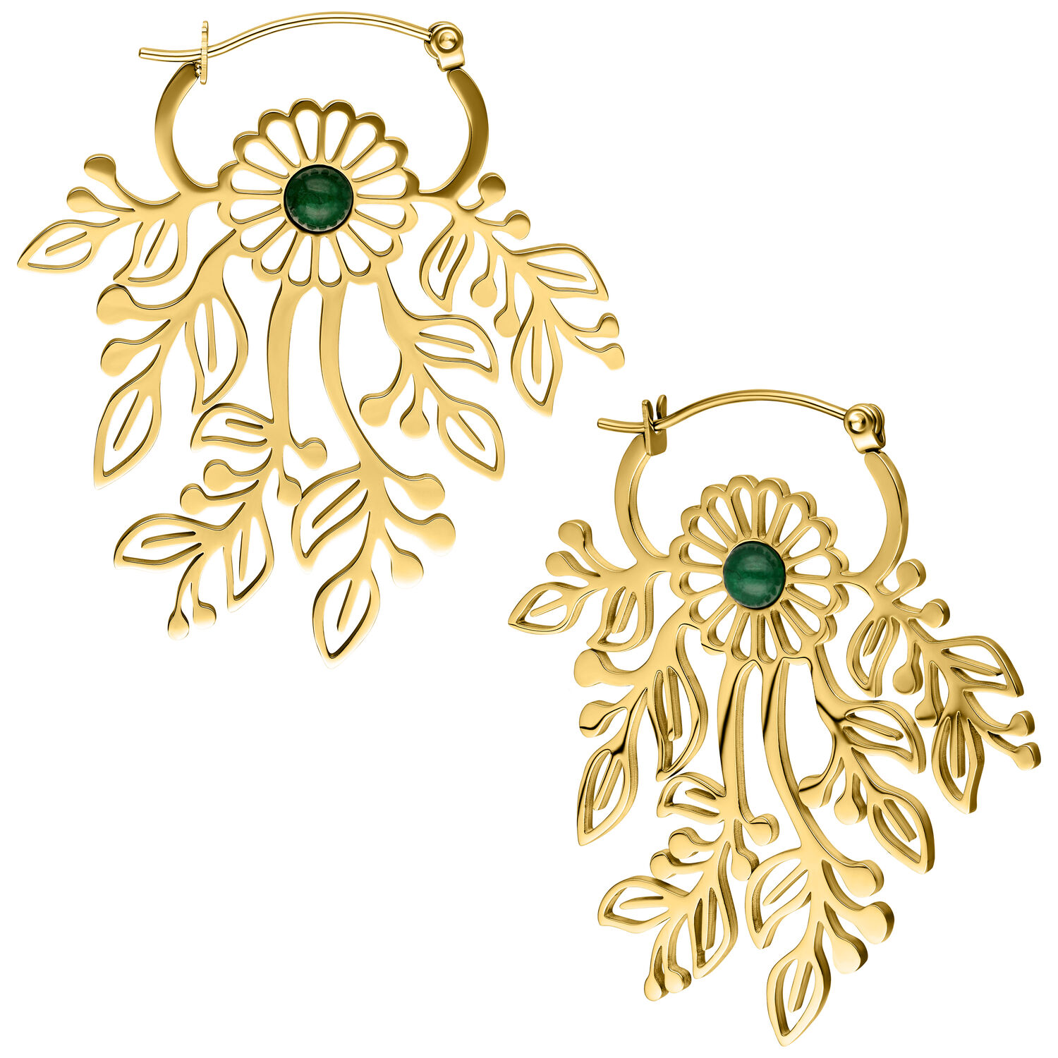 Enchanted Moss Agate Hoops Pair - Golden Metal