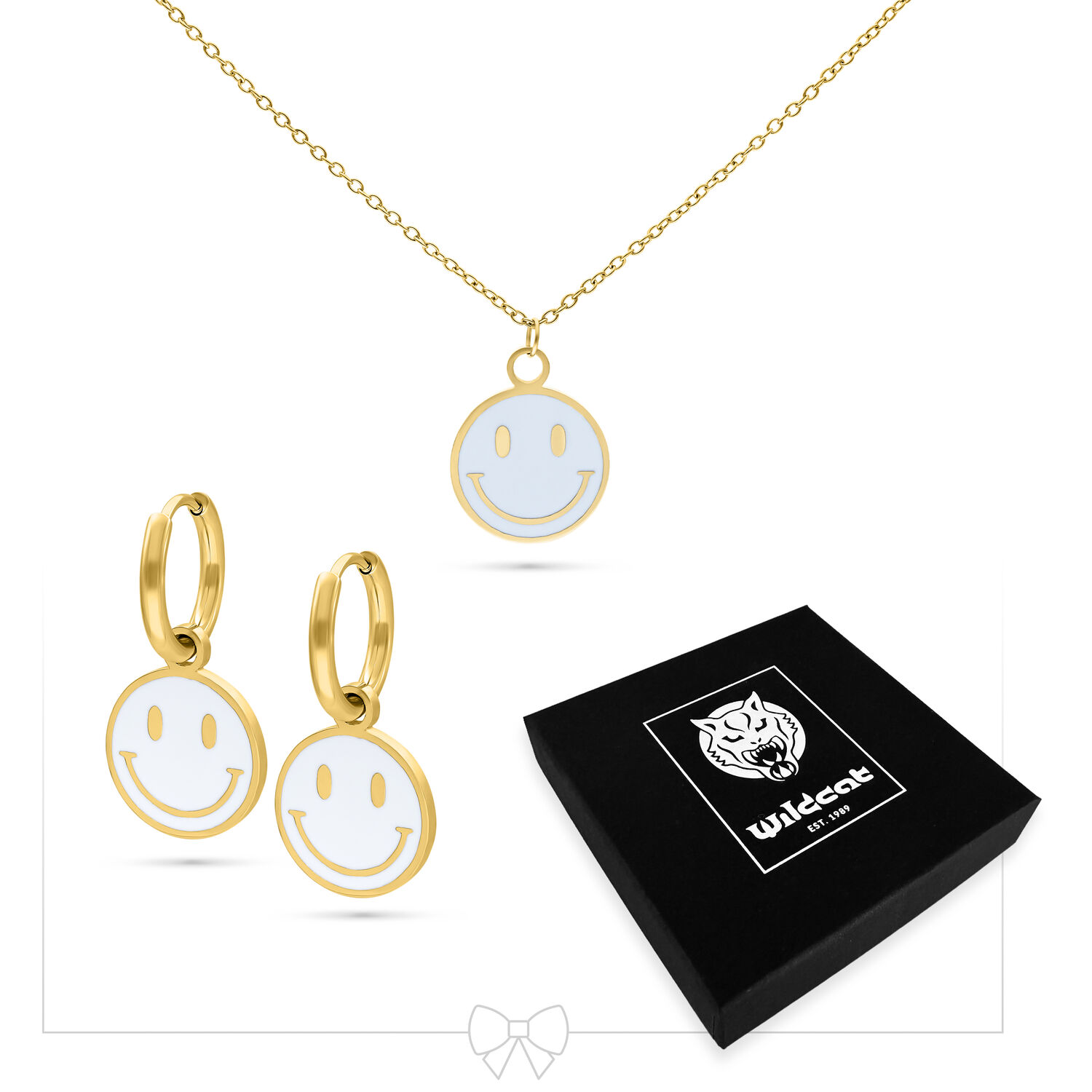 Little White Smiley Necklace with Hoops Set