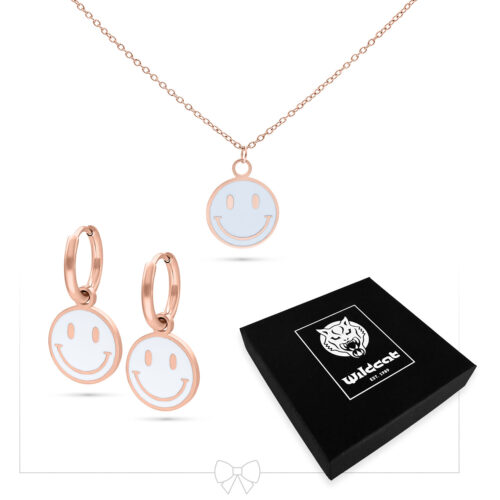 Little White Smiley Necklace with Hoops Set - Rosegold